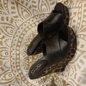 Jessica Simpson platform slides, mules in animal print